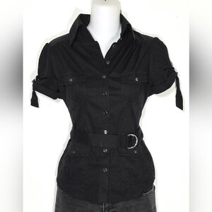 Bebe Black Button-Down Short Sleeve Top with Belt